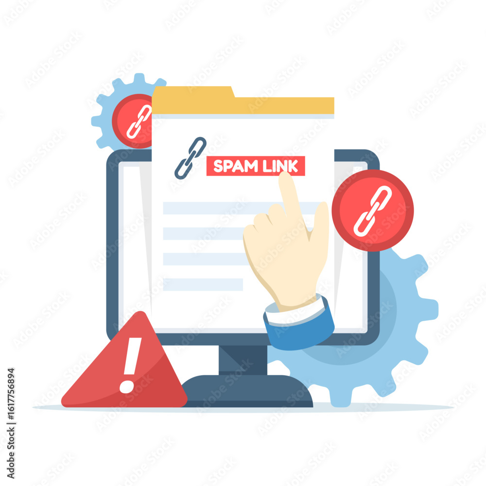 Poster dangerous link concept. spam link warning with broken chain, dangerous and suspicious url addresses.