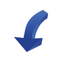A 3D, curved, blue arrow points downward, casting soft shadows on a white background, creating a simple, clean, and directional graphic.

