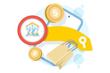 Flat illustration of a marketplace app with a clean interface. Seller dashboard, product listings, reviews, advanced filters, and mobile compatibility for online sales. Flat illustration.