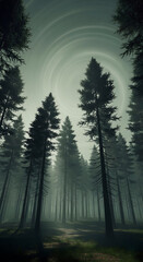 Mystical Vertical Shot of a Dark Evergreen Forest with Ground Fog and Hypnotic Sky Swirl
