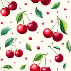 Seamless pattern featuring watercolor cherries with leaves and small red dots creates a cheerful and vibrant design, ideal for various applications such as textiles, packaging, or wallpaper