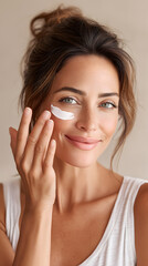 Smiling white woman applying moisturizer cream on her face, enhancing her skincare routine. Embracing self-care for healthy, glowing skin while enjoying a refreshing beauty treatment