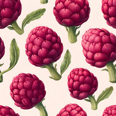Seamless pattern filled with vibrant purple artichokes with lush green leaves, creating an elegant, nature-inspired design perfect for various decorative applications, scrapbooking, wrapping paper