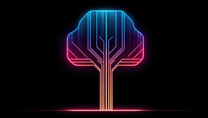 Neon tree of circuit lines glows on dark background
