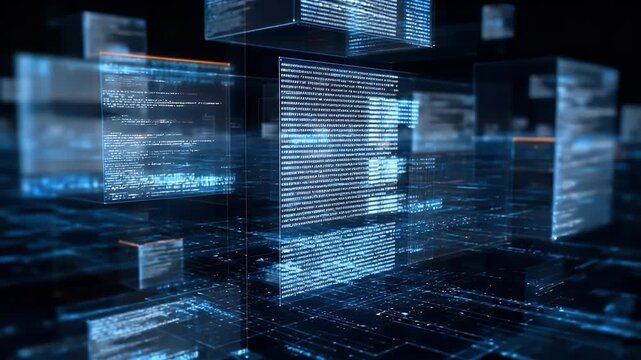 A digital background featuring an array of code and data visualizations, representing the advanced technology behind software development. 