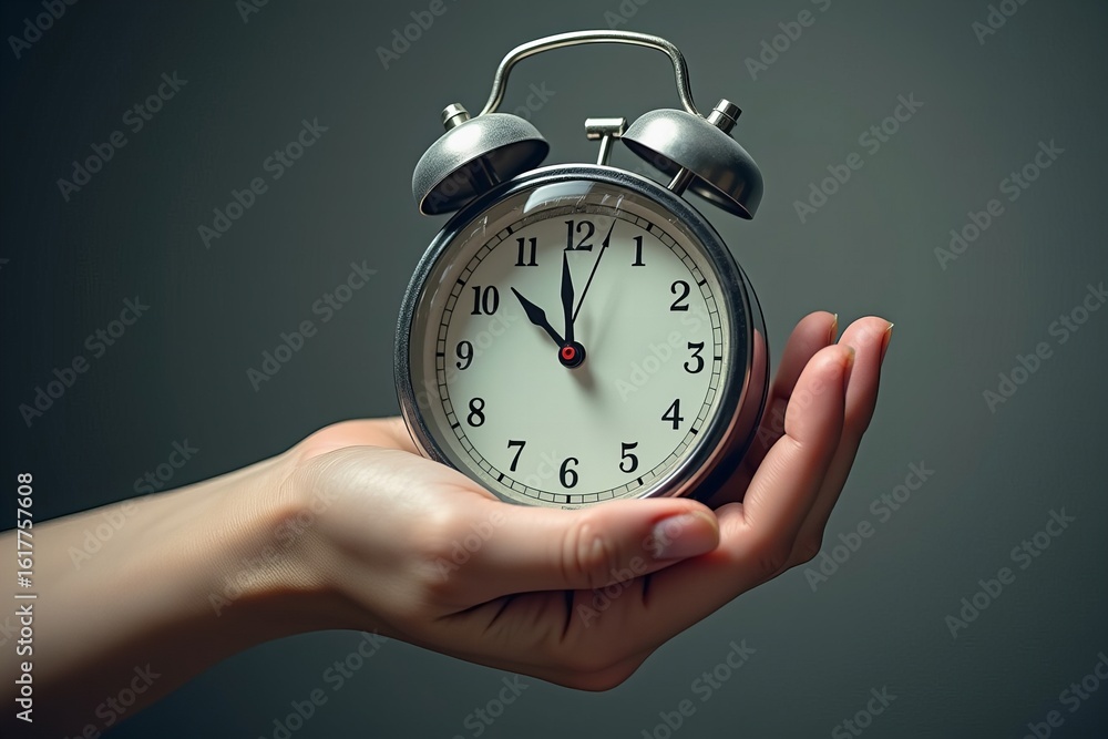 Poster symbolic image of hand holding melting clock representing time running out