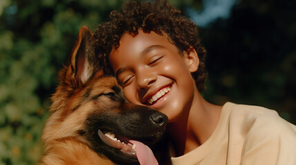 Smiling child cuddling with a loyal german shepherd dog with closed eyes, enjoying a sunny day outdoors, radiating love and connection in a joyful moment of friendship