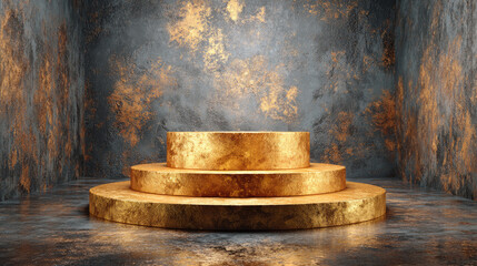 Golden round podium with textured wall background in dark room