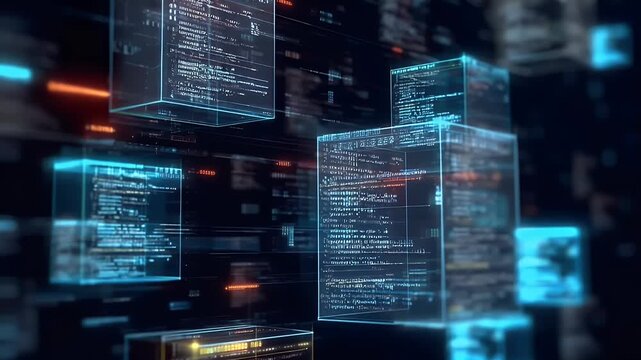 A digital background featuring an array of code and data visualizations, representing the advanced technology behind software development. 