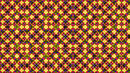 Repeating pattern of cross shapes with yellow centers and red and purple surrounding elements