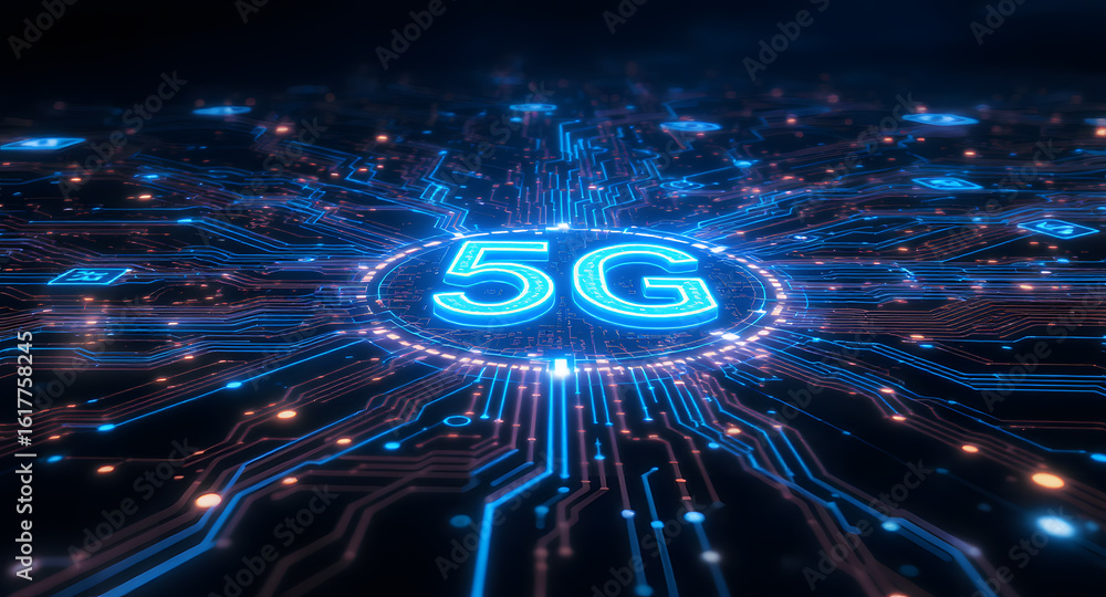 Aufkleber futuristic 5g technology concept with glowing digital circuitry and data flow