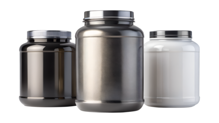 Three metallic supplement jars in black, silver, and white stand sidebyside isolated on transparent background