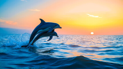 Two synchronized dolphins jumping together from sea at sunset, beautiful image of teamwork, friendship and amazing wild animal nature