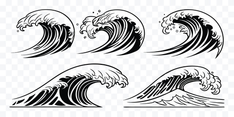Fototapeta premium Set of Five Japanese Style Wave Illustrations Black and White Sea Ocean Water Artistic Designs