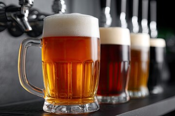 Four beers are lined up varying in color each topped with a white foam The bar taps are visible in the background