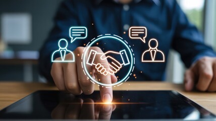Forging Business Partnerships: A hand interacting with a handshake icon surrounded by communication and financial symbols, illustrating successful collaboration and mutual agreement