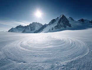 Snow-covered alpine expanse, sunlit peaks