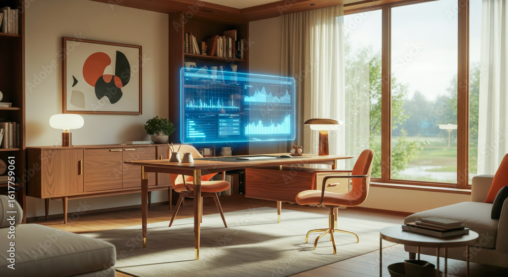 Aufkleber modern home office with holographic screen showing financial data, futuristic interior with computer