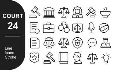 Fototapeta premium Court Line Icons, 24 Minimal Outline Legal and Justice Symbols