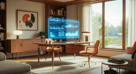 Modern home office with holographic screen showing financial data, futuristic interior with computer display and augmented reality interface, future of work concept