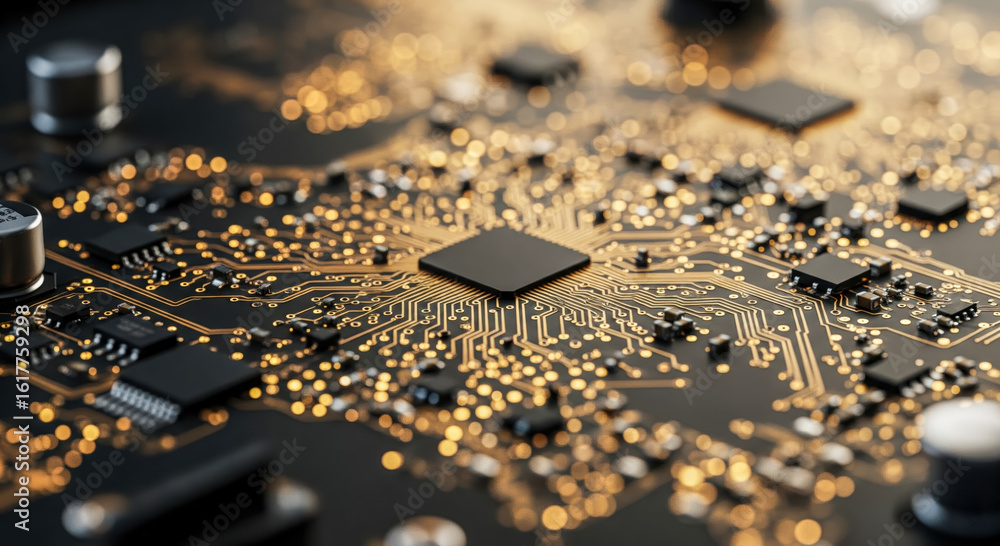 Poster abstract technology background with glowing gold circuit and processor bokeh, futuristic computer ha