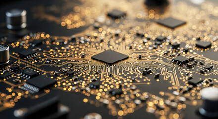 Abstract technology background with glowing gold circuit and processor bokeh, futuristic computer hardware concept for innovation theme and modern digital electronics poster