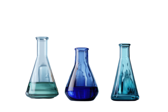 Three graduated conical flasks, various shades of blue, filled with liquid