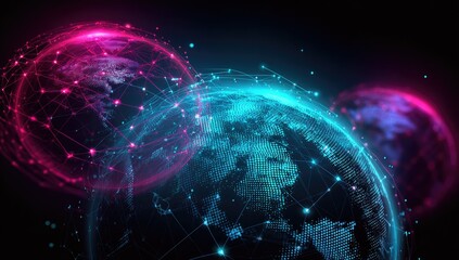 Two glowing, interconnected globes, detailed with digital networks