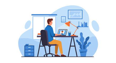 Man having a video conference call from home office. Perfect for illustrating remote work, online meetings, or teleconferencing.