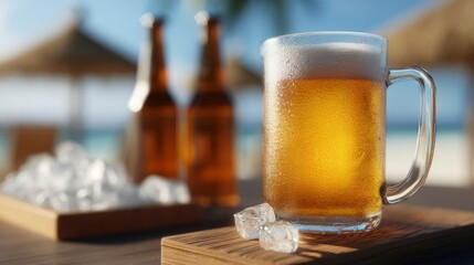Frosted beer mug filled with golden beer ice cubes and two brown bottles on wooden table tropical background