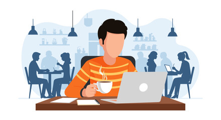 Man working on laptop in a cafe, perfect for blog posts about remote work or co-working spaces.