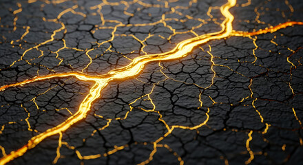 Abstract texture with glowing gold in cracked ground, background showing hot golden magma flowing through dry earth, power and energy concept
