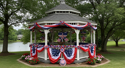 Patriotic gazebo adorned with american flags and decorations for independence day