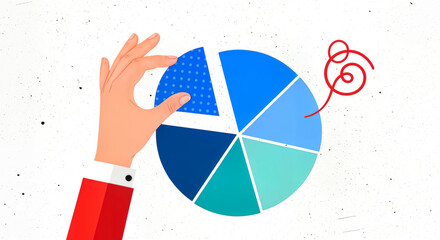 A hand is shown taking a slice from a colorful pie chart, symbolizing data analysis and business strategy