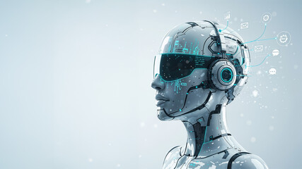 AI agent robot with teal AR visor on right side, automation concept with copy space