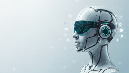 Futuristic Ai Agent Robot with Holographic Interface Concept Representing Automation and Artificial Intelligence, Text Space