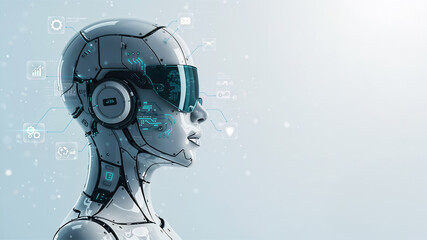 Futuristic Ai Agent Robot with Holographic Interface Concept Representing Automation and Artificial Intelligence, Text Space