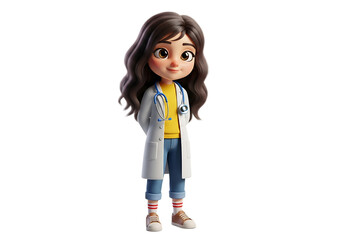 Adorable animated female doctor wearing a lab coat and stethoscope smiling Isolated on transparent background