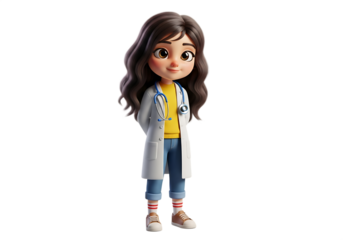 Adorable animated female doctor wearing a lab coat and stethoscope smiling Isolated on transparent background