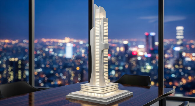 Architectural model of modern skyscraper on office table at night, real estate business concept for new property development and urban investment project