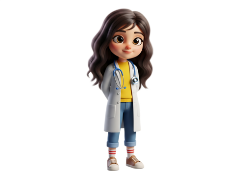 Adorable animated female doctor wearing a lab coat and stethoscope smiling Isolated on transparent background