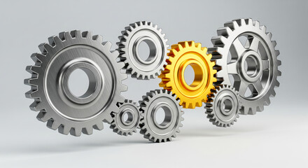 Golden gear connecting silver cogs in mechanism, teamwork and business process concept with main part, key link in industrial system for success