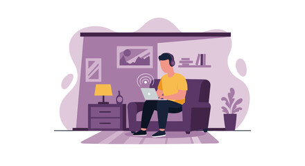 Man working from home on laptop, wearing headphones. Illustration perfect for blog posts, websites, or presentations about remote work.