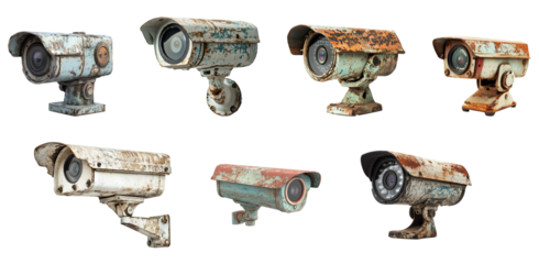 Set of outdoor retro security cameras, isolated on a transparent background. PNG