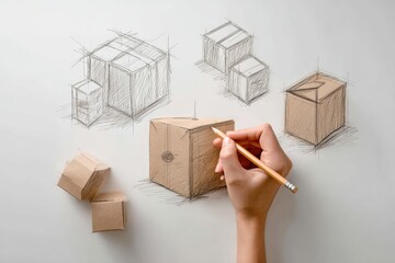 Hand sketching cardboard box designs
