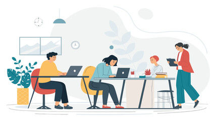 Teamwork in a modern office: Illustration perfect for websites, presentations, and marketing materials.