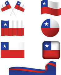 Chile flag set of icons. Vector flag of Chile, symbol. Set of Chile flags rectangle, waved and circle.