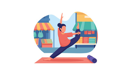 Fototapeta premium Woman practicing yoga outdoors near shops - perfect for wellness blogs and health websites.