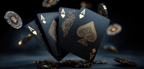 Black playing cards with gold accents and casino chips in mid-air