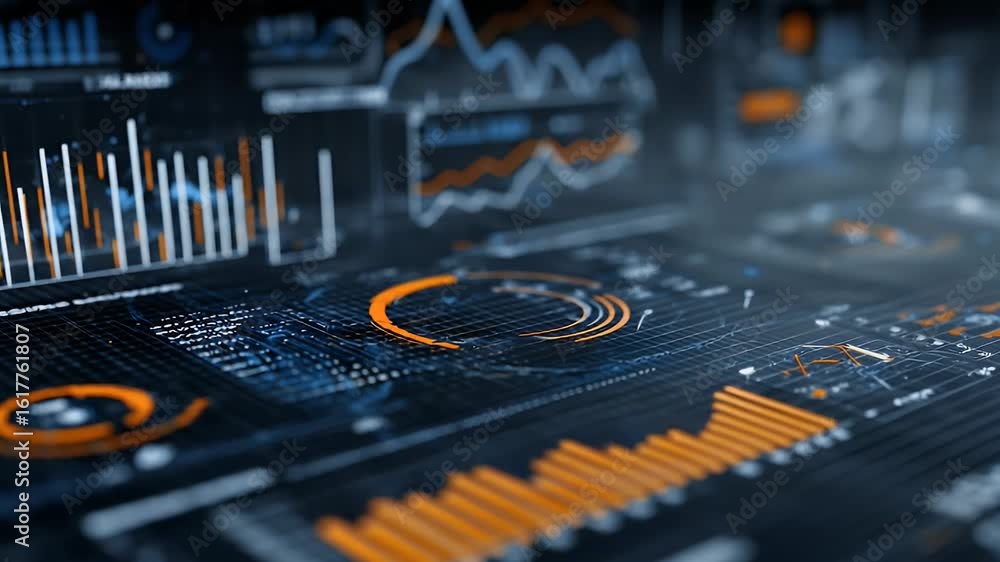 Aufkleber a dark blue background with glowing data visualization charts and graphs, creating an atmosphere of 